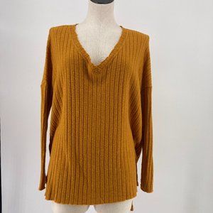 UO Out From Under Sweater Pullover Rubbed V Neck Stretch Yellow Size Small